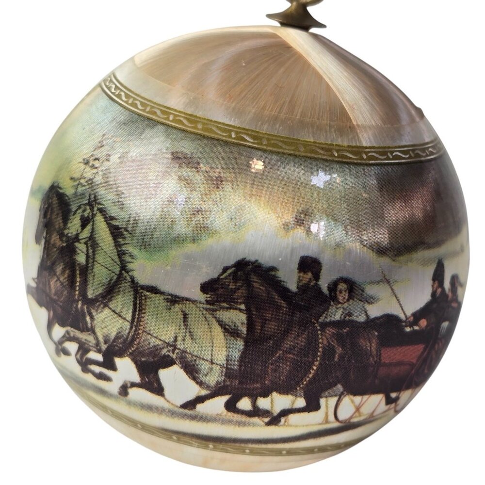 Vintage Christmas Ornament Satin Ball Horse Currier & Ives Sleigh Race Scene - Picture 1 of 6